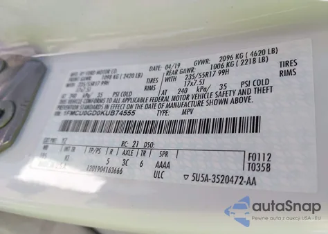 2019 Ford Escape Se z USA, uszkodzony, nr VIN 1FMCU0GD0KUB74555